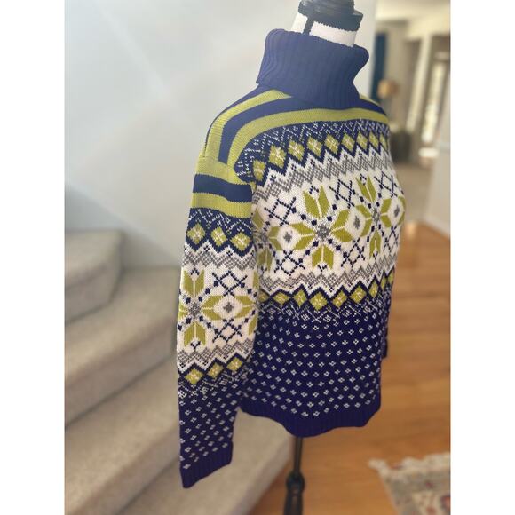 Vintage 90s Purple, Lime Green, & Metallic Silver Snowflake Fair Isle Turtleneck - Picture 3 of 5